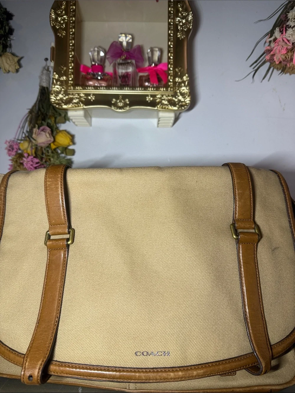 Coach Beige Canvas Messenger Bag with Brown Leather Trim
